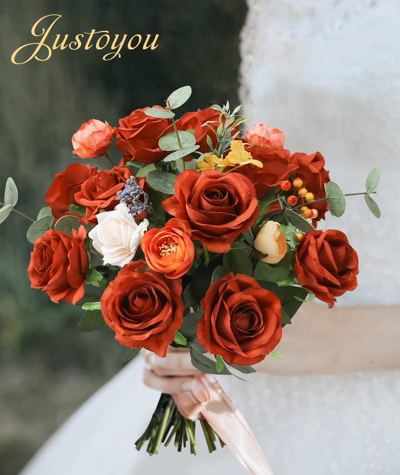JUSTOYOU 10Pcs Artificial Roses Flowers, Realistic Blossom Roses, Real Touch Silk Rose, Single Fake Flower Long Stem Bouquets for Home Wedding Party Decoration - Image 3